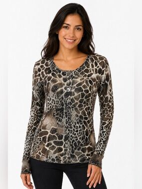 AVA Giraffe Leopard Animal Print Sequined Sweater Top Size 1